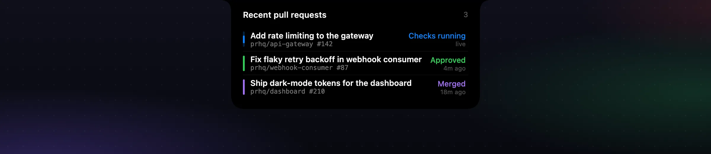 PRHQ's recent pull requests overview with running checks, an approved PR, and a merged PR